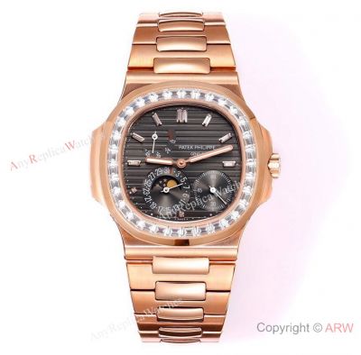 GR Factory Patek Philippe Nautilus Moon Phase Watch Rose Gold Square Diamonds